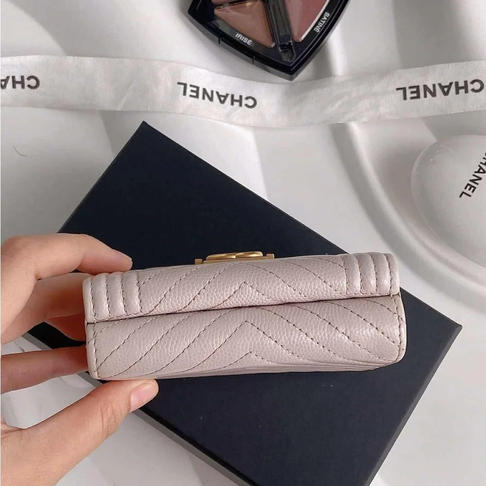 Chanel Boy Flap Nude Pink Tri-fold Wallet Chervon Women's - Picture 10 of 17